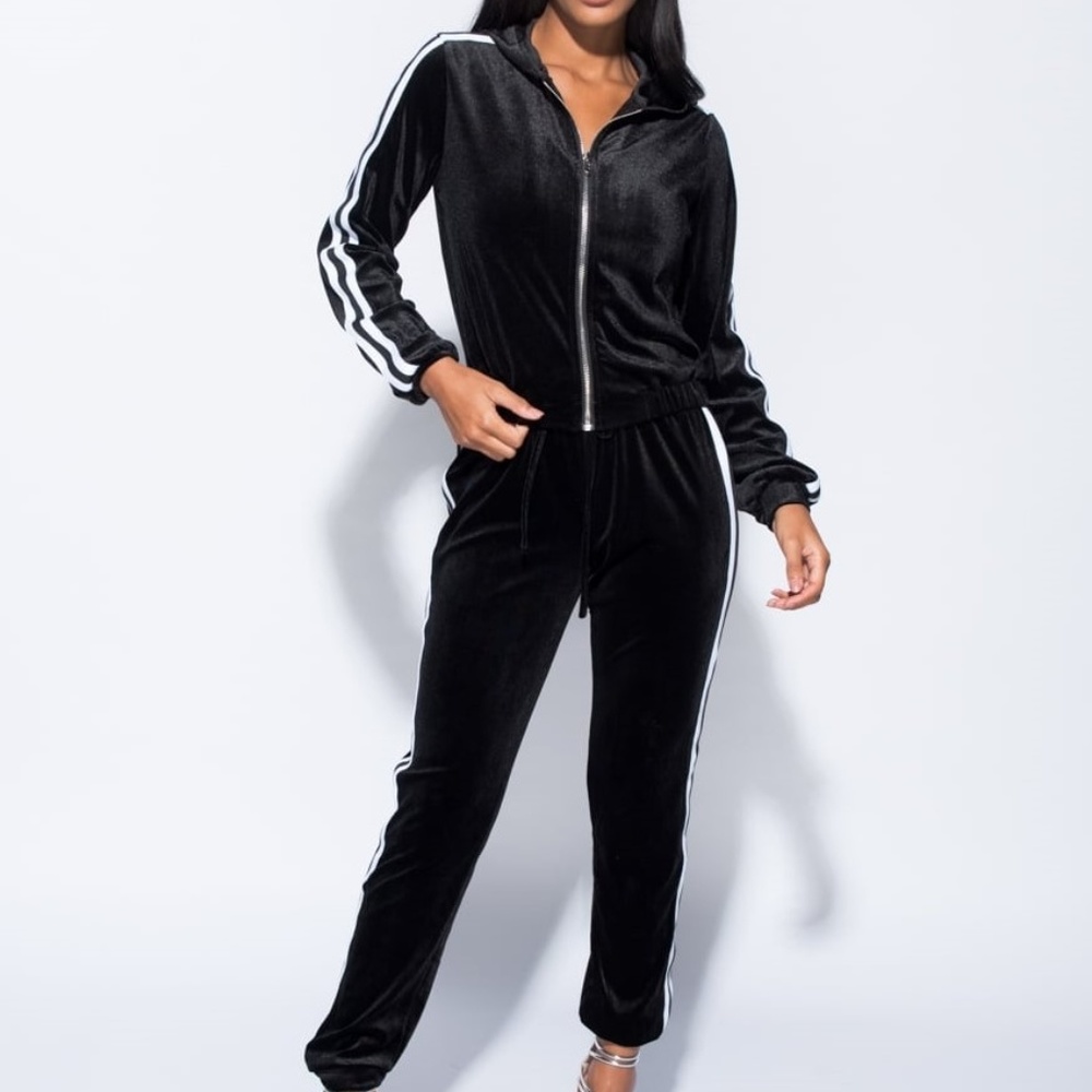 BLOGGER STYLE Velvet Side Stripe Hooded Tracksuit - Picture 4 of 7
